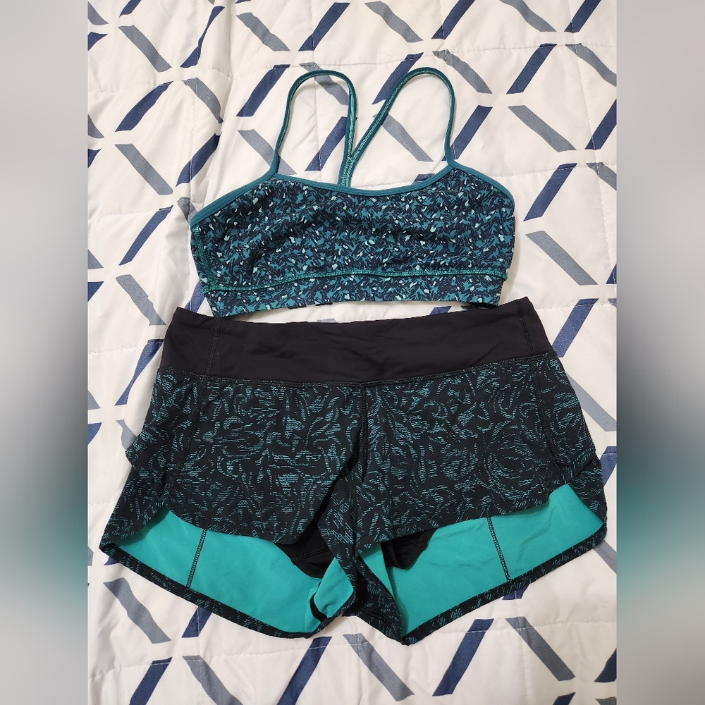 Lululemon Women's Green Sleeveless Camouflage Racerback Sports Bra and short set